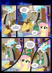 Size: 3259x4607 | Tagged: safe, artist:estories, imported from derpibooru, discord, fluttershy, draconequus, pegasus, pony, comic:nevermore, comic, glowing, glowing horn, horn, house, speech bubble