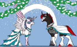 Size: 1280x794 | Tagged: safe, artist:d3pressedr4inbow, imported from derpibooru, princess flurry heart, oc, oc:broken heart, alicorn, pony, unicorn, armor, canon x oc, clothes, cloven hooves, crown, dress, female, jewelry, magical gay spawn, male, mare, marriage, offspring, offspring shipping, older, older flurry heart, parent:king sombra, parent:sunburst, parents:somburst, regalia, shipping, spread wings, stallion, straight, unshorn fetlocks, wedding, wedding dress, wings