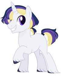 Size: 2185x2585 | Tagged: safe, artist:thieeur-nawng, imported from derpibooru, oc, oc only, pony, unicorn, grin, horn, raised hoof, simple background, smiling, solo, unicorn oc, unshorn fetlocks, white background