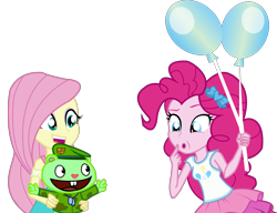 Size: 4250x3270 | Tagged: safe, artist:urhangrzerg, imported from derpibooru, fluttershy, pinkie pie, equestria girls, equestria girls series, spoiler:eqg specials, :o, balloon, confused, crossover, flippy, fs doesn't know what she's getting into, happy, happy tree friends, holding something, open mouth, this will end in death, this will end in tears, this will end in tears and/or death