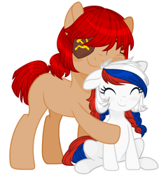 Size: 1593x1681 | Tagged: safe, artist:katnekobase, artist:thieeur-nawng, imported from derpibooru, oc, oc only, earth pony, pony, base used, braid, duo, eyepatch, female, hammer and sickle, hug, mare, nation ponies, ponified, russia, simple background, smiling, white background