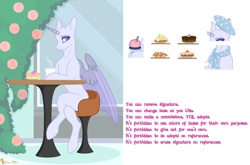 Size: 3656x2408 | Tagged: safe, artist:dianamur, imported from derpibooru, oc, oc only, alicorn, pony, alicorn oc, base, beret, food, hat, horn, outdoors, sitting, stool, table, wings