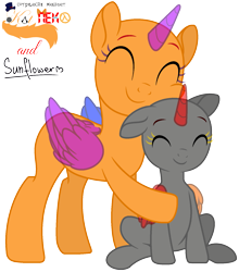 Size: 1477x1678 | Tagged: safe, artist:katnekobase, imported from derpibooru, oc, oc only, alicorn, pony, alicorn oc, bald, collaboration, duo, eyelashes, eyes closed, horn, signature, simple background, smiling, transparent background, wings