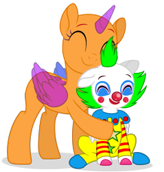 Size: 1645x1721 | Tagged: safe, artist:katnekobase, artist:pepppermintfox, imported from derpibooru, oc, oc only, alicorn, pony, alicorn oc, bald, clothes, clown, clown nose, collaboration, duo, eyelashes, eyes closed, horn, red nose, signature, simple background, smiling, transparent background, wings