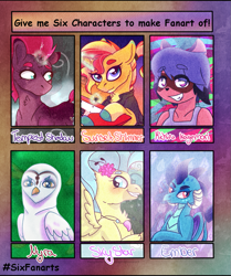 Size: 899x1077 | Tagged: safe, artist:miserisyt, artist:shootingstaryt, imported from derpibooru, princess ember, princess skystar, sunset shimmer, tempest shadow, anthro, bird, classical hippogriff, hippogriff, owl, unicorn, six fanarts, my little pony: the movie, anthro with ponies, bna: brand new animal, broken horn, clothes, crossover, eye scar, female, flower, flower in hair, glowing horn, grin, guitar, horn, jewelry, looking back, magic, michiru kagemori, musical instrument, necklace, scar, smiling, sparking horn, telekinesis