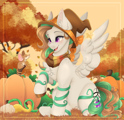 Size: 7184x6937 | Tagged: safe, artist:pvrii, artist:silent-shadow-wolf, imported from derpibooru, oc, oc only, oc:rune spirit, mouse, pegasus, pony, absurd resolution, female, hat, mare, pumpkin, solo, witch hat