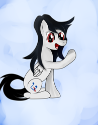 Size: 1992x2548 | Tagged: safe, artist:almaustral, imported from derpibooru, oc, oc only, oc:lighting wind, pegasus, pony, abstract background, open mouth, pegasus oc, raised hoof, smiling, solo, wings