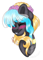 Size: 1080x1483 | Tagged: safe, artist:silentwolf-oficial, imported from derpibooru, oc, oc only, earth pony, pony, blushing, bust, cute, earth pony oc, eyes closed, floral head wreath, flower, flower in hair, signature, simple background, solo, transparent background, watermark