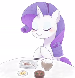 Size: 2549x2618 | Tagged: dead source, safe, artist:arrow__root, artist:ginmaruxx, imported from derpibooru, rarity, fish, pony, unicorn, blushing, bowl, bust, chopsticks, cute, female, food, high res, hooves together, mare, ponies eating meat, ponies eating seafood, raribetes, rice, seafood, simple background, solo, sushi, table, white background