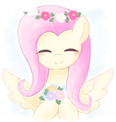 Size: 1828x1920 | Tagged: dead source, safe, artist:arrow__root, artist:ginmaruxx, imported from derpibooru, fluttershy, pegasus, pony, blushing, bust, cute, eyes closed, female, floral head wreath, flower, mare, shyabetes, smiling, solo, spread wings, wings