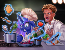 Size: 2400x1857 | Tagged: safe, artist:harwick, imported from derpibooru, princess luna, alicorn, human, pony, celery, chef's hat, commission, duo, duo male and female, fanfic, fanfic art, fanfic cover, female, food, gordon ramsay, hat, herbivore vs omnivore, human male, levitation, magic, male, mare, onion, radish, salt, telekinesis, tomato