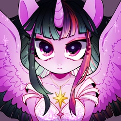 Size: 1500x1500 | Tagged: safe, artist:bbtasu, imported from derpibooru, twilight sparkle, alicorn, pony, semi-anthro, beautiful, bust, clothes, cute, cutie mark accessory, dress, eyeshadow, female, gown, jewelry, lips, lipstick, looking at you, makeup, necklace, ponified, solo, spread wings, twiabetes, twilight sparkle (alicorn), wings