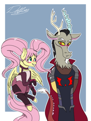 Size: 768x1024 | Tagged: safe, artist:delfinaluther, imported from derpibooru, discord, fluttershy, draconequus, pegasus, blushing, crossover, discoshy, entrapta, female, hordak, male, pigtails, she-ra and the princesses of power, shipping, straight