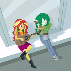 Size: 1070x1080 | Tagged: safe, artist:carnifex, imported from derpibooru, sunset shimmer, wallflower blush, equestria girls, acoustic guitar, boots, brush, clothes, commission, courtyard, duo, flower pot, geode of empathy, guitar, legs, magical geodes, musical instrument, pants, potted plant, shoes, sitting, skirt, wallflower and plants