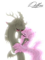 Size: 768x1024 | Tagged: safe, artist:delfinaluther, imported from derpibooru, discord, fluttershy, draconequus, pegasus, pony, blushing, discoshy, eyes closed, female, kissing, male, shipping, straight