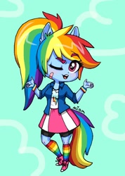 Size: 1024x1436 | Tagged: safe, artist:ameliacostanza, imported from derpibooru, rainbow dash, equestria girls, bandaid, blushing, breasts, cleavage, clothes, compression shorts, converse, cute, dashabetes, female, one eye closed, open mouth, ponied up, pony ears, ponytail, rainbow socks, shoes, shrug, skirt, socks, solo, striped socks, sweatband, wink