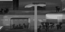 Size: 5000x2500 | Tagged: safe, artist:uteuk, imported from derpibooru, earth pony, pony, unicorn, barbed wire, black and white, bus, bus stop, grayscale, monochrome, rain, road, umbrella