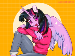 Size: 800x600 | Tagged: safe, artist:kaikururu, imported from derpibooru, twilight sparkle, alicorn, anthro, abstract background, adorasexy, breasts, busty twilight sparkle, clothes, cute, eyelashes, female, looking at you, open mouth, redraw, sexy, sitting, smiling, solo, sparkles, sweater, thighs, twiabetes, twilight sparkle (alicorn)