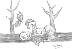 Size: 4000x2747 | Tagged: safe, artist:kamikazelenna, imported from derpibooru, rarity, pony, unicorn, female, grayscale, halloween, holiday, leaves, mare, monochrome, pumpkin, realistic anatomy, realistic horse legs, sketch, solo, solo female, tree