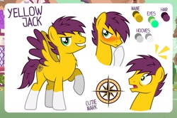 Size: 1280x852 | Tagged: safe, artist:jennieoo, imported from derpibooru, oc, oc only, oc:yellow jack, pony, happy, one hoof raised, raised hoof, reference, reference sheet, sheet, shocked, show accurate, shy, solo, vector, wings
