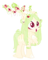 Size: 389x488 | Tagged: safe, artist:helemaranth, imported from derpibooru, oc, oc only, deer, deer pony, original species, pony, antlers, feathered fetlocks, flower, hoof on chest, hooves to the chest, open mouth, simple background, smiling, solo, white background