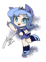 Size: 2625x3500 | Tagged: safe, artist:musical ray, imported from derpibooru, princess luna, alicorn, human, adorable face, beanbrows, chibi, clothes, cute, dress, eared humanization, eyebrows, female, filly, horn, horned humanization, humanized, lunabetes, solo, white pupils, winged humanization, wings, woona, younger