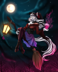 Size: 2865x3549 | Tagged: safe, artist:blackblood-queen, imported from derpibooru, oc, oc only, oc:yiazmat, anthro, unguligrade anthro, unicorn, anthro oc, breasts, broom, clothes, commission, eyeshadow, female, flying, flying broomstick, full moon, hat, horn, lantern, lipstick, magic, makeup, mare, moon, night, rule 63, scar, smiling, unicorn oc, witch, witch hat, ych result
