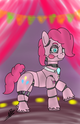 Size: 1200x1848 | Tagged: safe, artist:shappy the lamia, imported from derpibooru, pinkie pie, earth pony, pony, robot, robot pony, five nights at aj's, animatronic, background, balloon, blue eyes, cutie mark, decoration, eyebrows, five nights at freddy's, five nights at freddy's 2, five nights at freddy's 3, five nights at freddy's 4, five nights at freddy's: sister location, five nights at pinkie's, fnaf 2, fnaf 3, fnaf 4, fnap, halloween, happy, heart, holiday, hooves, light, nightmare night, party, party decorations, pink, pink mane, pink tail, pony animatronic, present, robot eye, roboticization, scared, sister location, smiley face, smiling, solo, stage