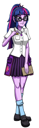 Size: 920x3000 | Tagged: safe, artist:artemis-polara, imported from derpibooru, sci-twi, twilight sparkle, equestria girls, alternate design, book, clothes, geode of telekinesis, glasses, magical geodes, pencil, shirt, shoes, simple background, skirt, smiling, socks, solo, transparent background