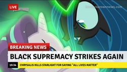 Size: 1280x720 | Tagged: safe, edit, edited screencap, screencap, queen chrysalis, starlight glimmer, changeling, changeling queen, pony, unicorn, black lives matter, break your own news, female, murder, politics, racism