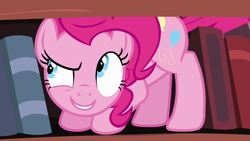 Size: 1280x720 | Tagged: safe, screencap, pinkie pie, earth pony, pony, pinkie apple pie, book, bookshelf, female, mare, solo