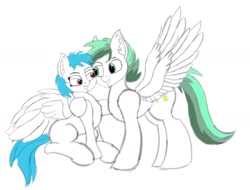 Size: 1280x975 | Tagged: safe, artist:mitya1260, derpibooru exclusive, oc, oc:dreamer skies, oc:rain skies, pegasus, birthday gift, hugging a pony, looking at each other, pegasus oc, quick draw, rough, rough sketch, simple background, sketch, spread wings, wings