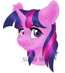 Size: 1080x1213 | Tagged: safe, artist:silentwolf-oficial, twilight sparkle, pony, unicorn, bust, female, mare, signature, simple background, solo, unicorn twilight, watermark, white background