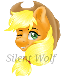 Size: 1080x1329 | Tagged: safe, artist:silentwolf-oficial, applejack, earth pony, pony, bust, female, hat, mare, one eye closed, signature, simple background, solo, watermark, white background, wink