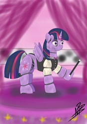 Size: 2862x4096 | Tagged: safe, artist:shappy the lamia, imported from derpibooru, twilight sparkle, alicorn, pegasus, pony, robot, robot pony, unicorn, five nights at aj's, animatronic, animatronic pony, five nights at aj's 2, five nights at freddy's, five nights at freddy's 2, five nights at freddy's 3, five nights at freddy's: sister location, five nights at pinkie's, five nights at pinkie's 4, fnaf 2, fnaf 3, fnaf 4, fnaf sl, horror, magic, magician, magician outfit, magician's wand, nightmare night, princess, purple eyes, purple wings, roboticization, solo, stage, terror, twilight sparkle (alicorn)