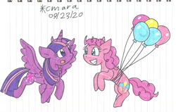 Size: 1775x1131 | Tagged: safe, artist:cmara, imported from derpibooru, pinkie pie, twilight sparkle, alicorn, earth pony, pony, balloon, duo, female, floating, flying, grin, mare, open mouth, pinkie being pinkie, raised hoof, raised leg, simple background, smiling, then watch her balloons lift her up to the sky, traditional art, twilight sparkle (alicorn), white background