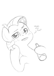 Size: 635x894 | Tagged: safe, artist:trickydick, imported from derpibooru, babs seed, earth pony, pony, bottle, dialogue, female, filly, lidded eyes, monochrome, open mouth, solo