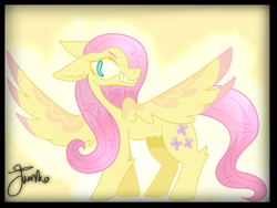 Size: 800x600 | Tagged: safe, artist:junko, artist:php163, imported from derpibooru, fluttershy, pegasus, pony, big eyes, evil grin, evil smirk, female, grin, large wings, mare, signature, simple background, smiling, smirk, solo, spread wings, wings, yellow background