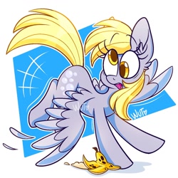 Size: 1280x1280 | Tagged: safe, artist:wutanimations, imported from derpibooru, derpy hooves, pegasus, pony, abstract background, banana peel, cute, derpabetes, derpy being derpy, ear fluff, feather, female, i just don't know what went wrong, mare, slipping, solo, spread wings, two toned wings, wings