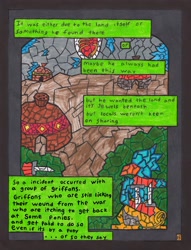 Size: 2503x3269 | Tagged: safe, artist:oatmeal155, imported from derpibooru, griffon, comic:oat.meal, backstory, blades, comic, dialogue, exposition, knife, stained glass, traditional art, village