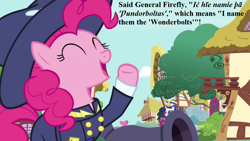 Size: 1280x720 | Tagged: safe, edit, edited screencap, imported from derpibooru, screencap, flare de mare, general firefly, pinkie pie, rarity, season 4, testing testing 1-2-3, ancient wonderbolts uniform, cannon, clothes, old english, ponyville, uniform