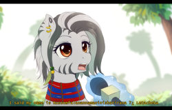 Size: 1945x1253 | Tagged: safe, artist:evomanaphy, imported from derpibooru, oc, oc only, oc:nishati, pony, zebra, dialogue, ear piercing, earring, feather, interview, jewelry, jungle, magic, microphone, open mouth, piercing, solo, telekinesis, uvwevwevwe enyetuenwevwe ugbemugbem ossas