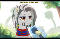 Size: 1945x1253 | Tagged: safe, artist:evomanaphy, imported from derpibooru, oc, oc only, oc:nishati, pony, zebra, dialogue, ear piercing, earring, feather, frown, interview, jewelry, jungle, lidded eyes, magic, microphone, piercing, solo, telekinesis, uvwevwevwe enyetuenwevwe ugbemugbem ossas