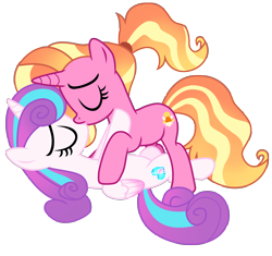 Size: 10313x9710 | Tagged: safe, artist:ejlightning007arts, imported from derpibooru, luster dawn, princess flurry heart, alicorn, pony, unicorn, the last problem, eyes closed, female, females only, flurrydawn, horn, kissing, lesbian, lying down, mare, older, older flurry heart, ponytail, romantic, shipping, simple background, transparent background, vector, wings