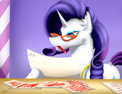 Size: 3233x2479 | Tagged: safe, artist:thebenalpha, imported from derpibooru, rarity, pony, unicorn, carousel boutique, drawing, ear fluff, eyeshadow, glasses, horn, makeup, measuring tape, mouth hold, pencil