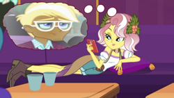 Size: 1280x720 | Tagged: safe, artist:themexicanpunisher, edit, edited screencap, imported from derpibooru, screencap, trenderhoof, vignette valencia, equestria girls, friendship games, inclement leather, female, inclement leather: vignette valencia, male, shipping, straight, thought bubble, trenette