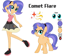 Size: 2068x1834 | Tagged: safe, artist:stellamoonshine, artist:stellamoonshineyt, imported from derpibooru, oc, oc only, oc:comet flare, pony, unicorn, equestria girls, clothes, female, human ponidox, mare, offspring, parent:flash sentry, parent:twilight sparkle, parents:flashlight, reference sheet, self ponidox, shirt, simple background, skirt, solo, transparent background