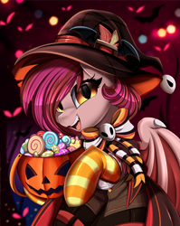 Size: 2550x3209 | Tagged: safe, artist:pridark, imported from derpibooru, part of a set, oc, oc only, oc:velvet silverwing, bat pony, pony, candy, clothes, commission, food, halloween, hat, holiday, socks, solo, striped socks, witch hat, ych result