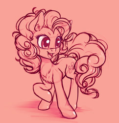 Size: 1048x1080 | Tagged: safe, artist:zetamad, imported from derpibooru, pinkie pie, earth pony, pony, chest fluff, dock, ear fluff, female, head turn, looking at something, mare, monochrome, open mouth, raised hoof, sketch, solo, standing, three quarter view, turned head