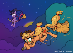 Size: 2886x2094 | Tagged: safe, artist:docwario, artist:littmosa, imported from derpibooru, applejack, twilight sparkle, alicorn, earth pony, pony, adorable distress, broom, cloud, cute, flying, flying broomstick, hat, hoofy-kicks, jacktober, silly, silly pony, twilight sparkle (alicorn), who's a silly pony, witch, witch hat